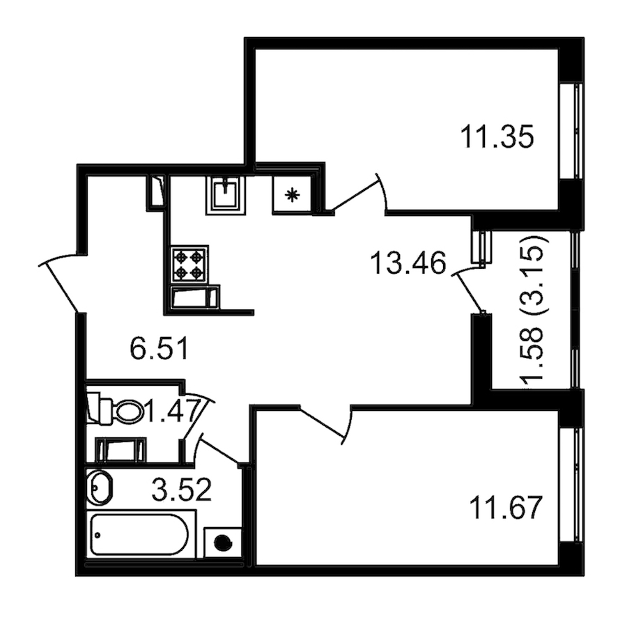 2-комнатная квартира 47.98 м², 13/14 эт., ЖК «Чёрная речка»